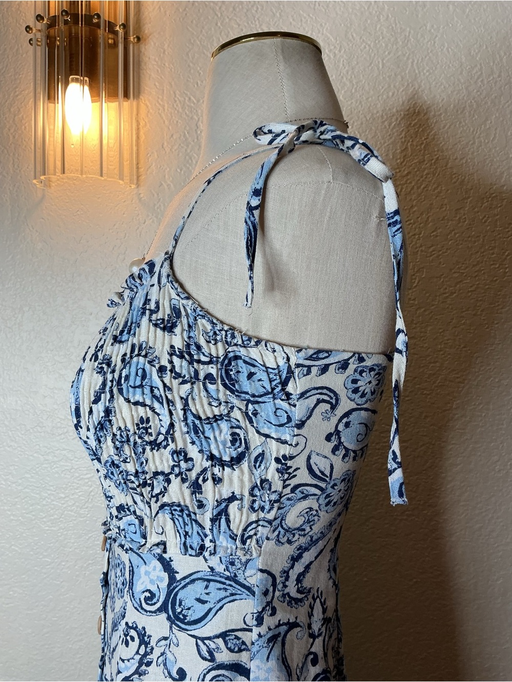 Zara White and Blue Paisley Maxi Dress with Smocked Bodice - Picture 4 of 10